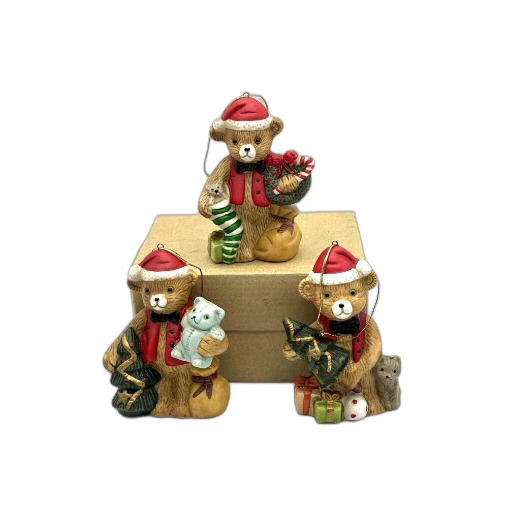 Vintage Christmas Bears In Santa Hats Set Of 3 Ceramic Ornaments